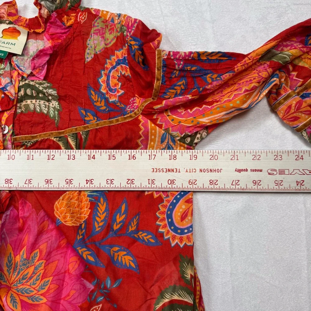 FARM‎ Rio Women's XS Red Floral Ruffle Button Up Long Sleeve Blouse Top - Picture 7 of 7
